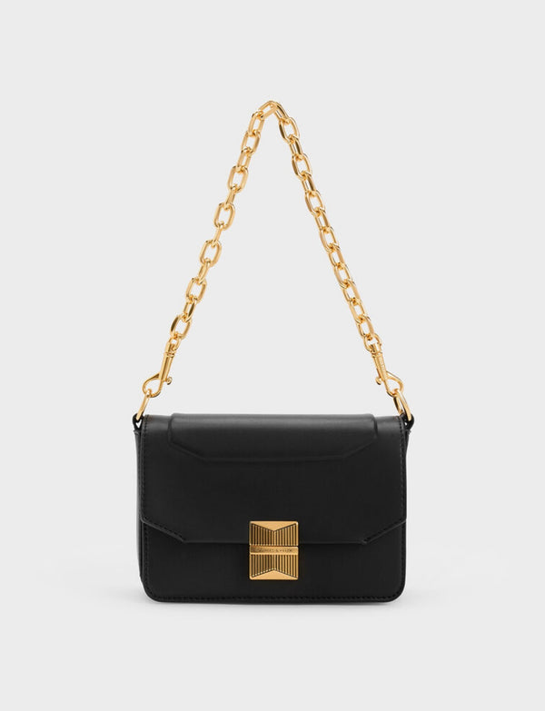 ORIGINAL CHARLES & KEITH KALINDA METALLIC ACCENT BOXY BAG - BLACK