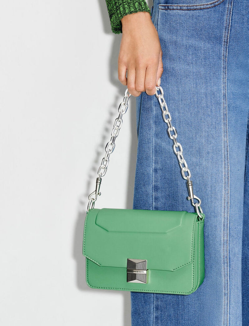 ORIGINAL CHARLES & KEITH KALINDA METALLIC ACCENT BOXY BAG - GREEN