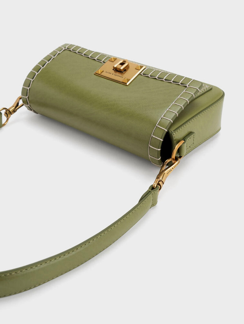 ORIGINAL CHARLES AND KEITH CIRCE STITCH-TRIM TOP HANDLE BAG - OLIVE GREEN