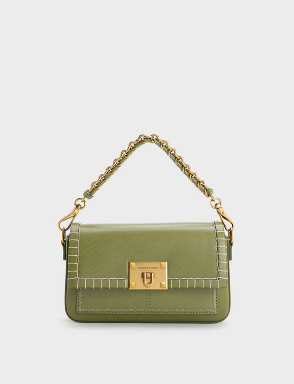 ORIGINAL CHARLES AND KEITH CIRCE STITCH-TRIM TOP HANDLE BAG - OLIVE GREEN