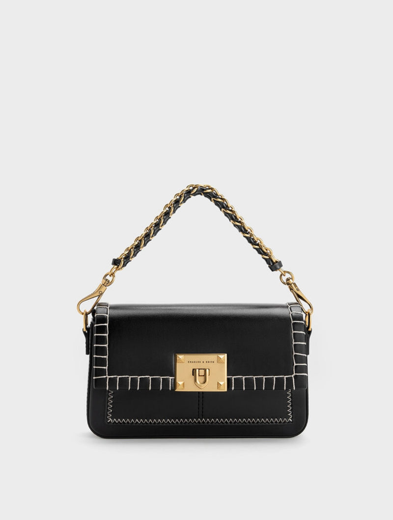 ORIGINAL CHARLES AND KEITH CIRCE STITCH-TRIM TOP HANDLE BAG - BLACK