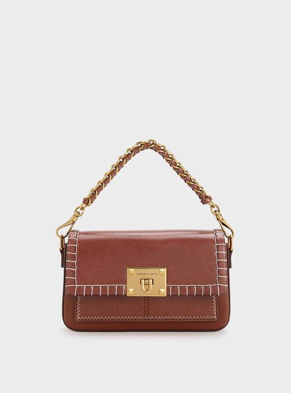 ORIGINAL CHARLES AND KEITH CIRCE STITCH-TRIM TOP HANDLE BAG - MOCHA