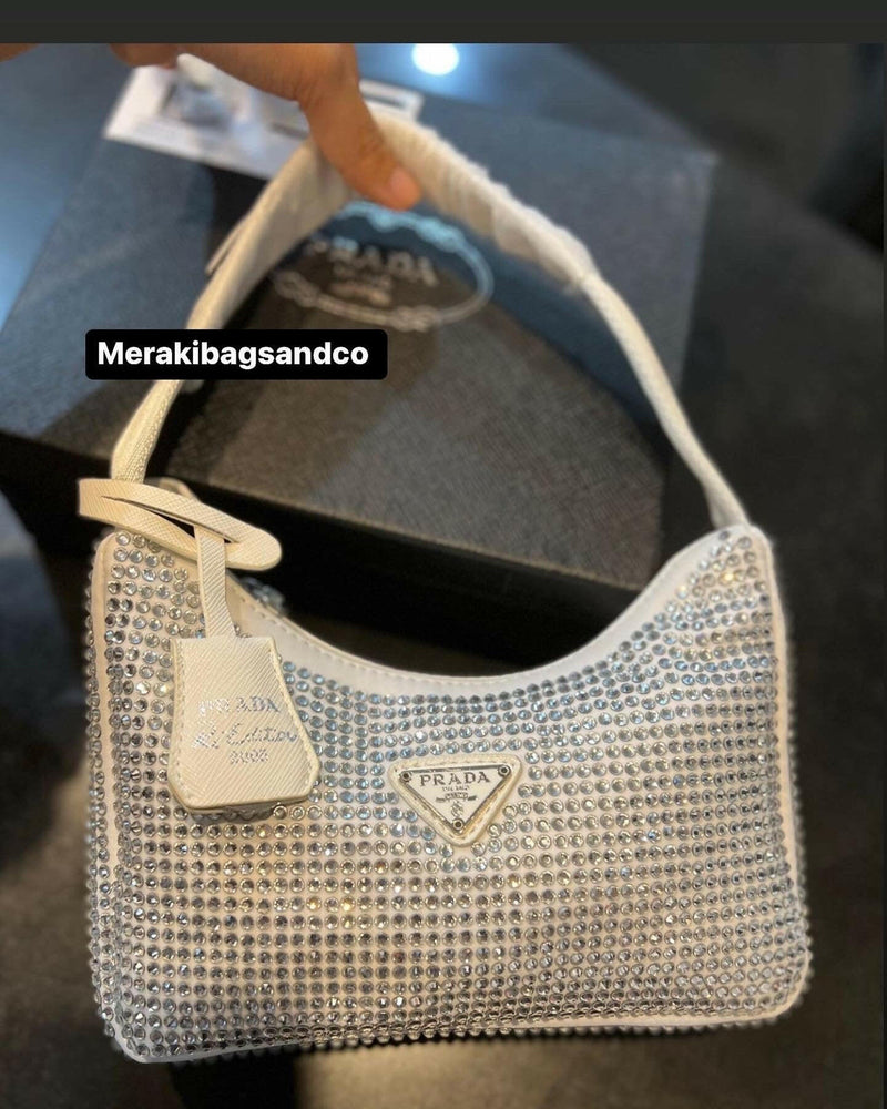 PRADA RE-EDITION WHITE NYLON WITH RHINESTONES